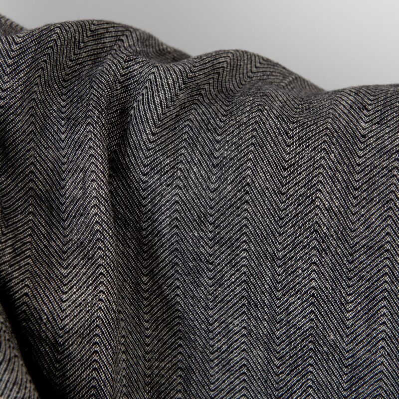 Washed linen fabric natural and black herringbone, specially washed