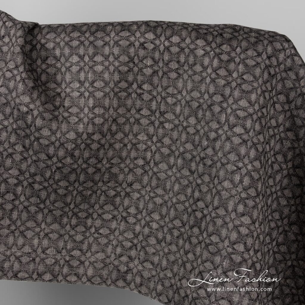 Czarno-szara lniana tkanina we wzór geometryczny 1 Black grey linen fabric in geometrical pattern.