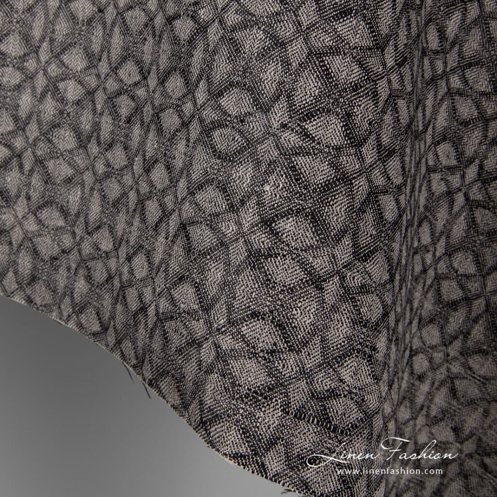 Czarno-szara lniana tkanina we wzór geometryczny 2 Geometrical black grey linen fabric.