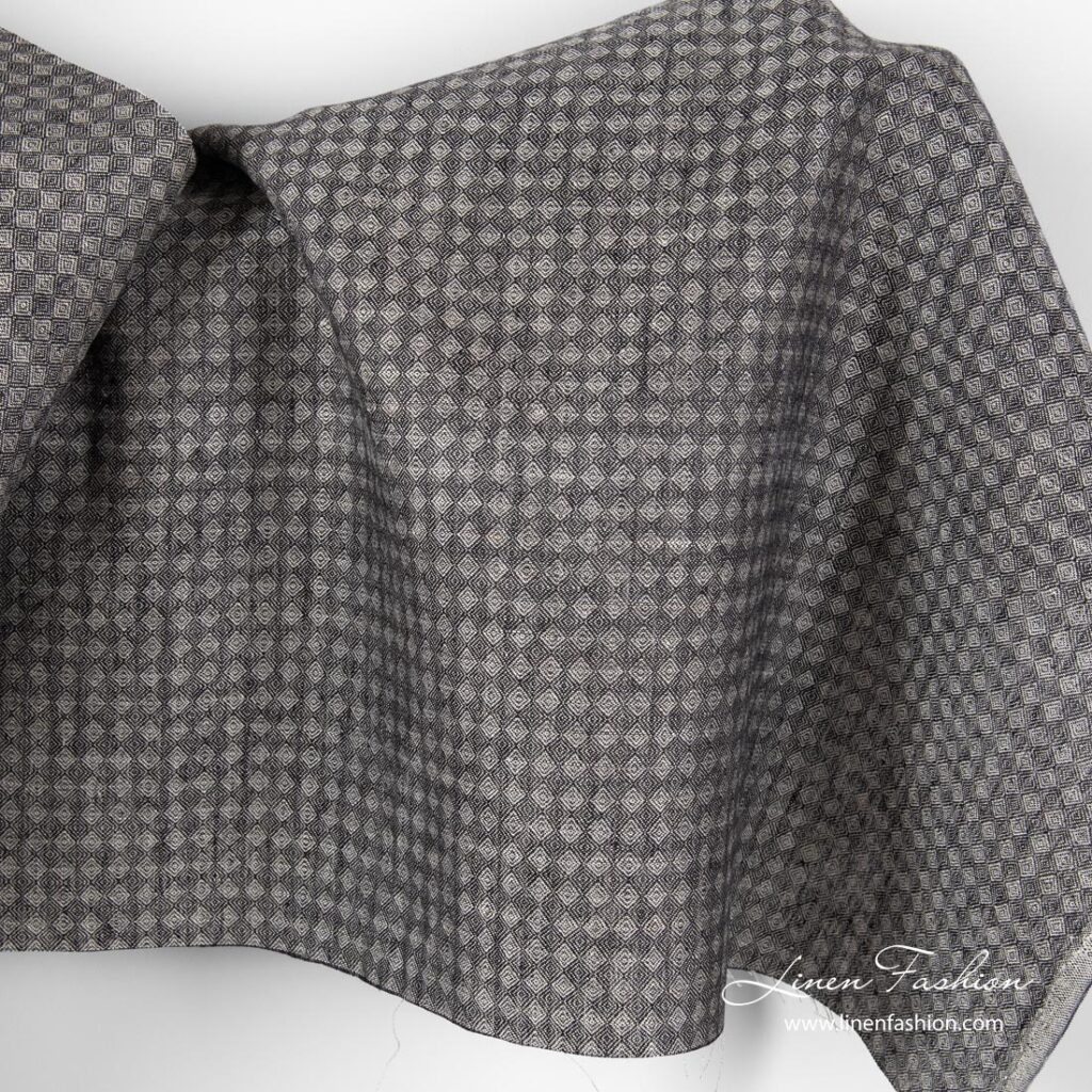Szara tkanina lniana w romby 1 Linen fabric in black and grey diamond pattern