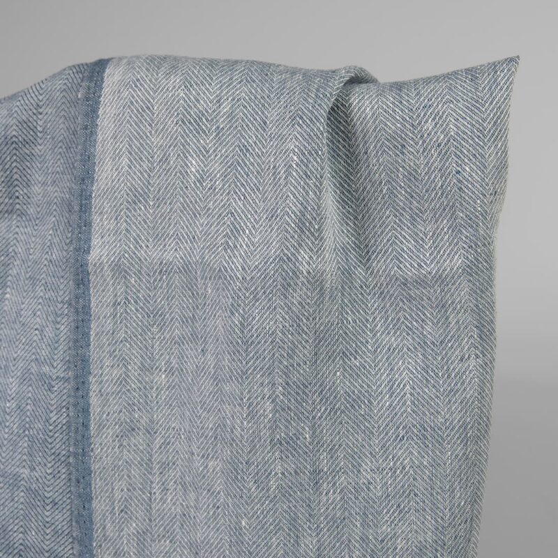 Linen fabric white blue in herringbone pattern double-sided back side