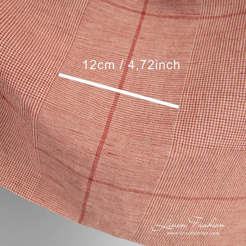 Wide red linen cotton fabric with checks, washed