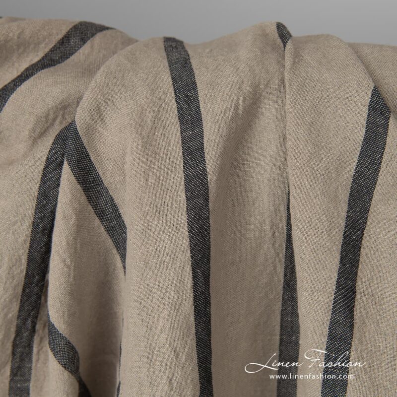 Wide washed half linen fabric natural colour black stripes texture