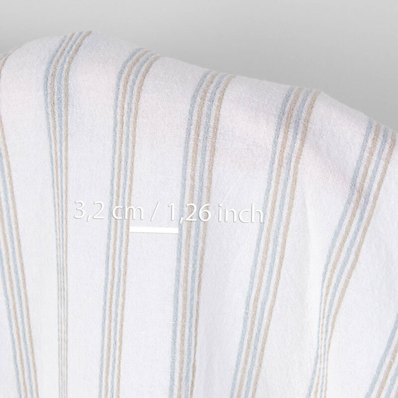 Washed linen cotton fabric white with blue and grey stripes, with measurements