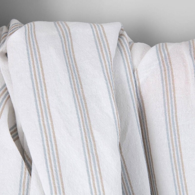 Washed linen cotton fabric white with blue and grey stripes, wide fabric