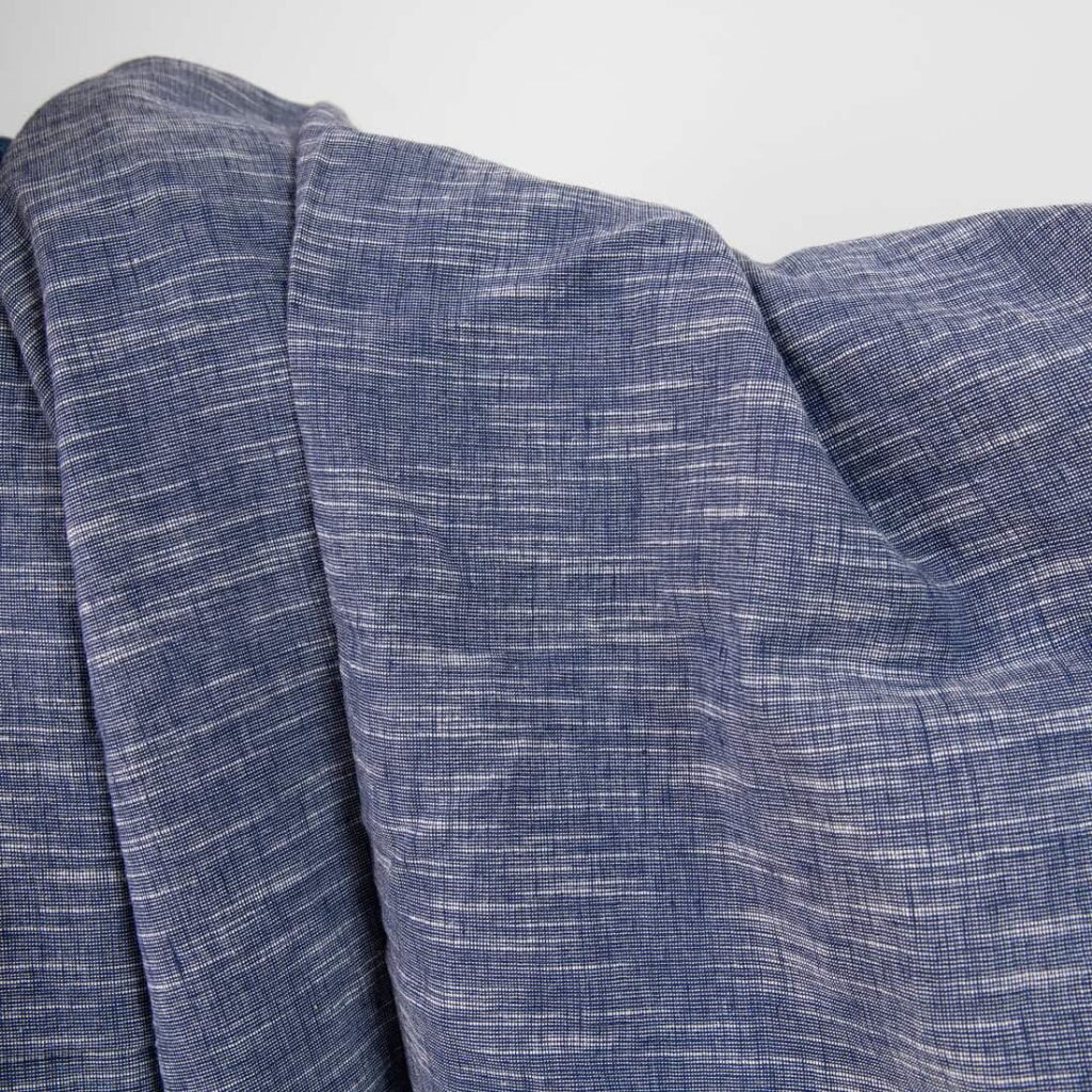 Granatowa prana tkanina lniano - bawełniana 3 linen cotton washed blue fabric, white stripes irregular
