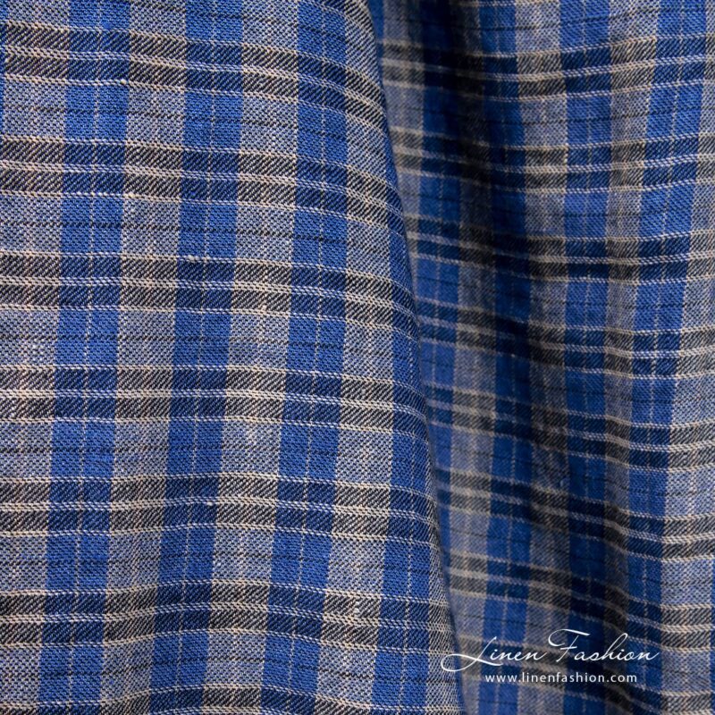 Blue linen wool fabric in checks, perfect for clothes, scarves and shawls