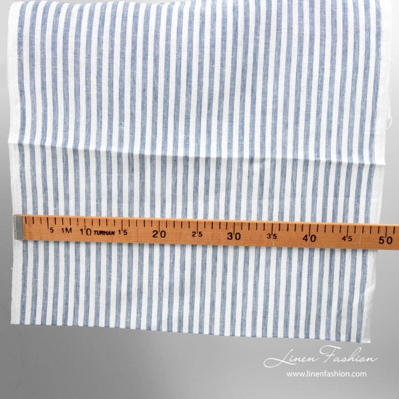 Narrow linen fabric white with denim blue stripes with measurements