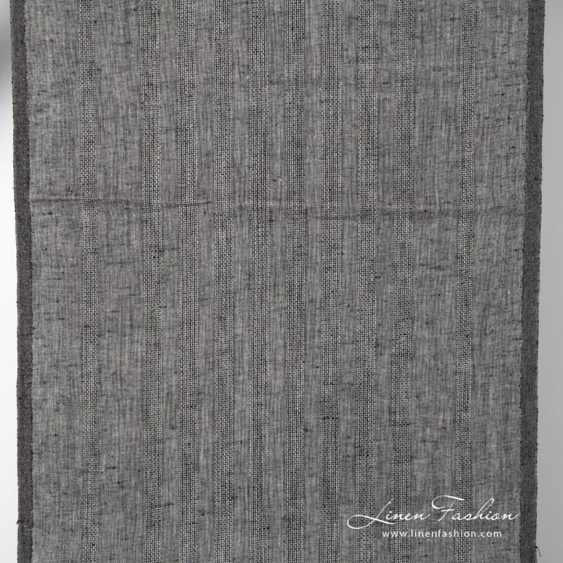 Black grey linen fabric with azure stripes.