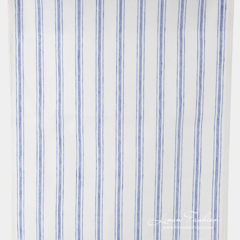 Off white narrow fabric with blue stripes.