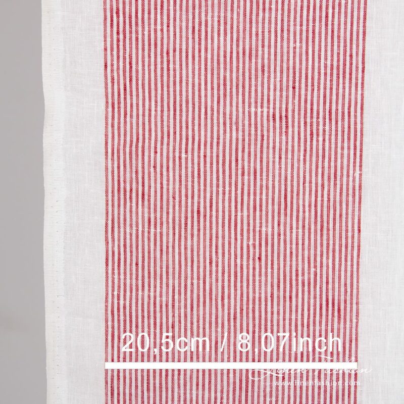 White linen fabric in crimson red stripes