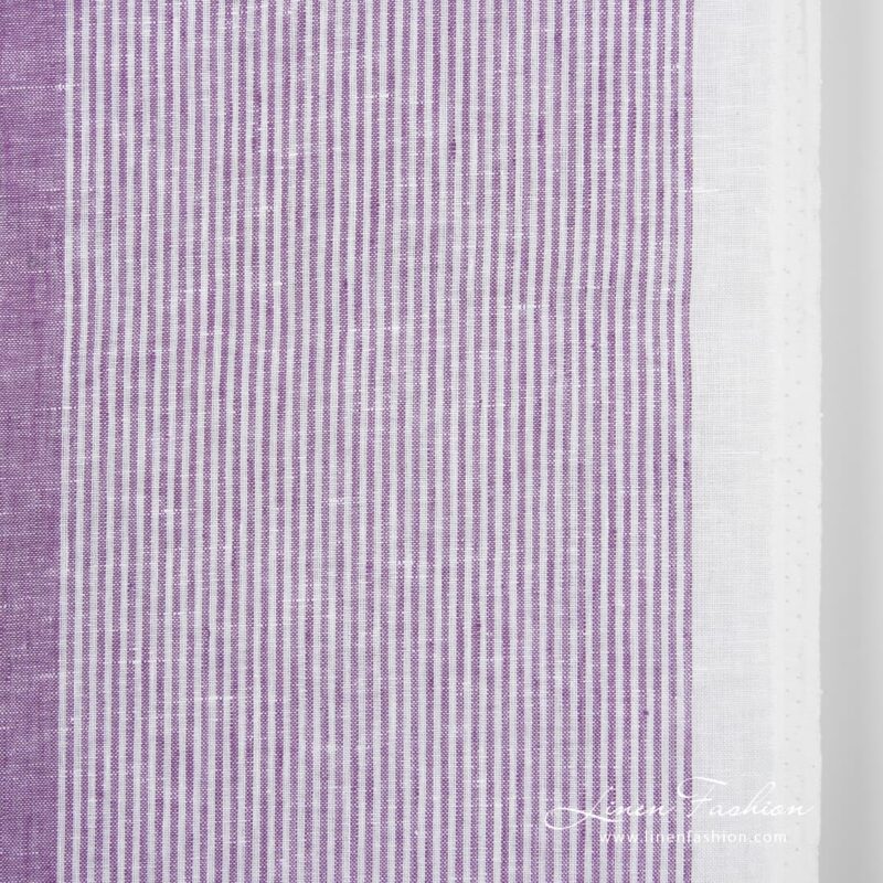 Narrow linen fabric white with violet stripes small
