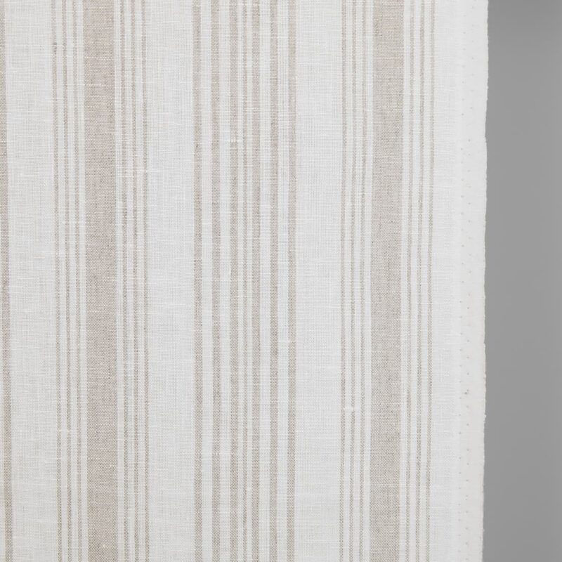 Narrow linen fabric white with natural colour stripes close up detail