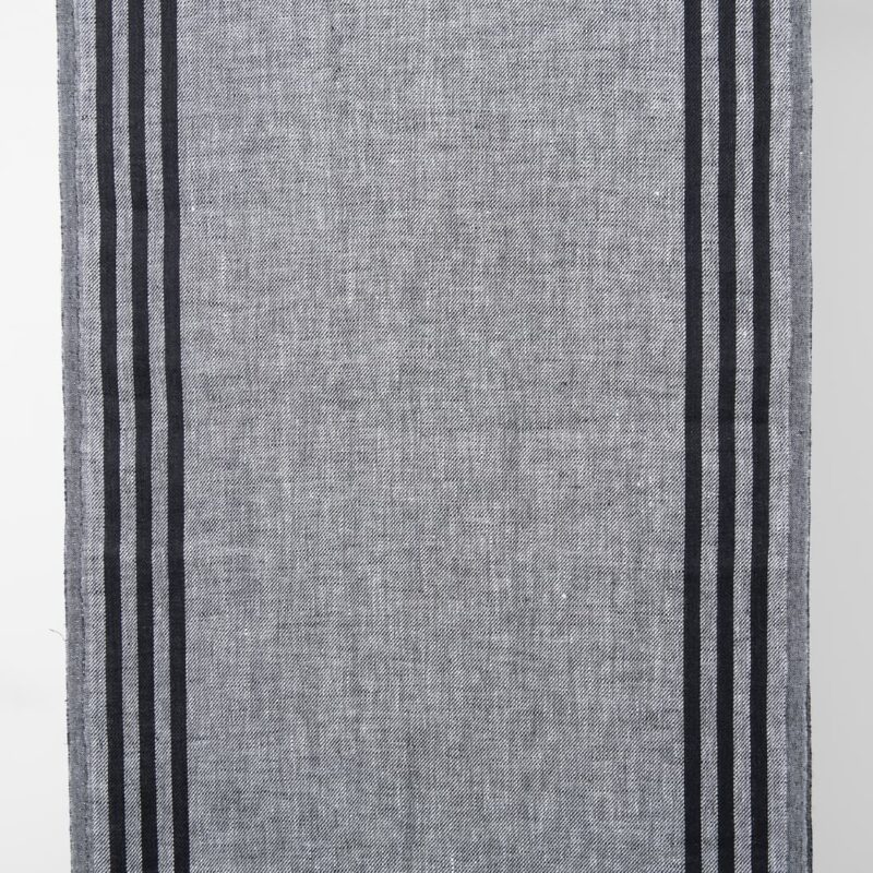 Narrow linen fabric grey with black stripes on sides
