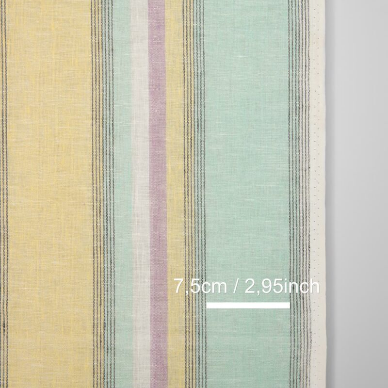 Narrow linen fabric in pastel multicolour stripes, with measurements