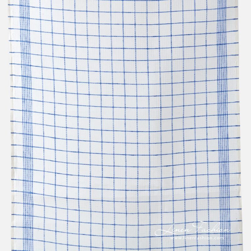 Narrow off white linen fabric in blue checks.