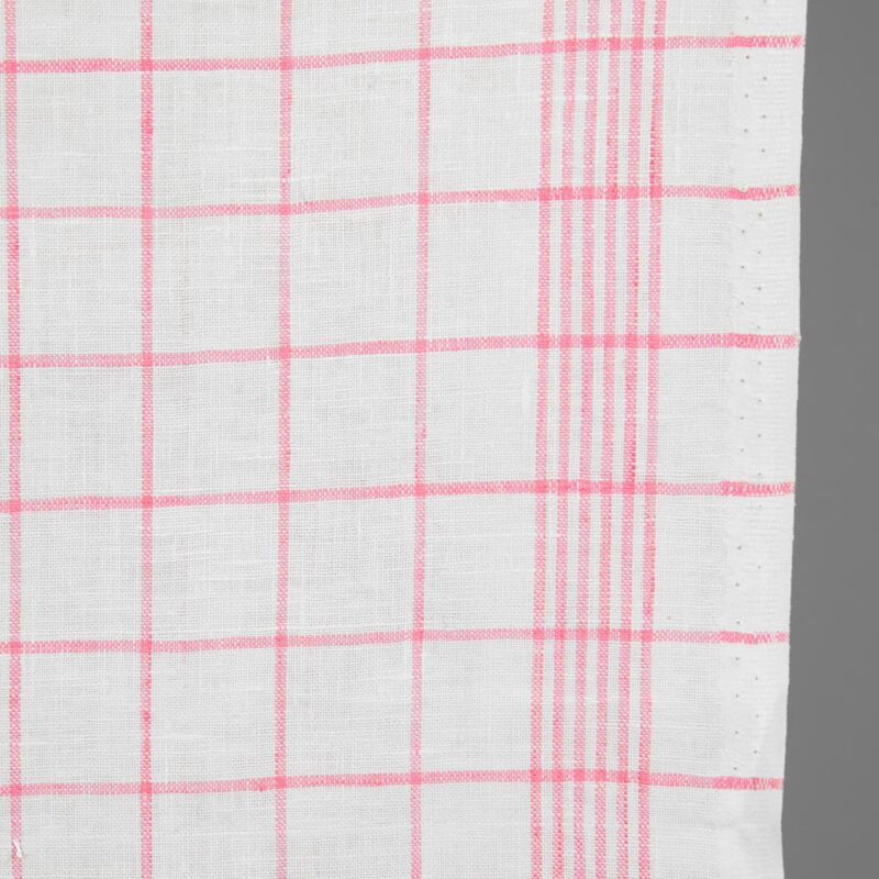 Narrow linen fabric bright white with pink checks close up detail