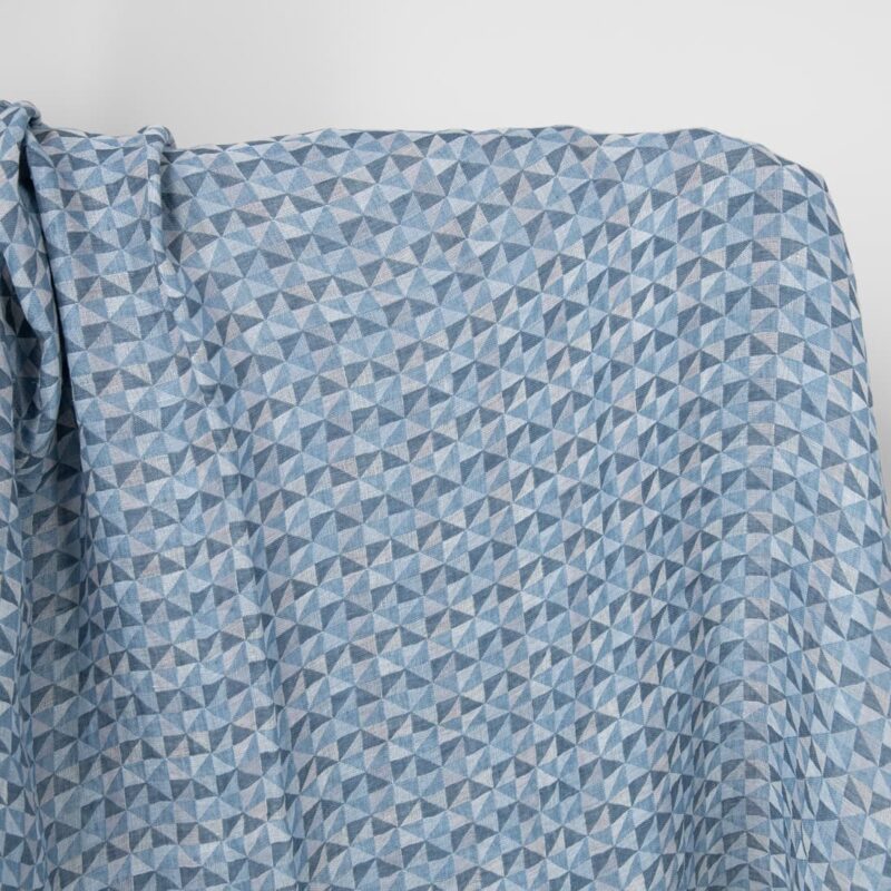Washed linen fabric in blue triangles