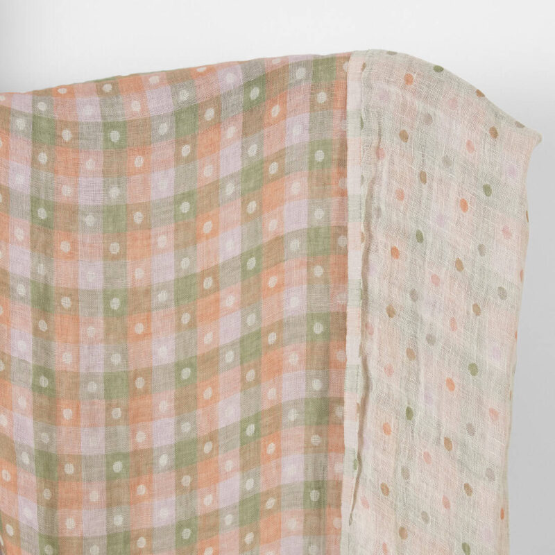 Washed linen fabric light orange and green checks
