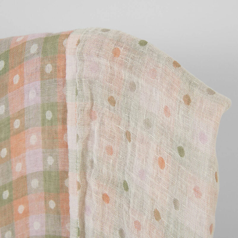 Washed linen fabric light orange and green checks, bubble check pattern