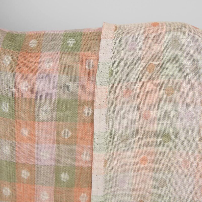Linen fabric light orange and green checks, jacquard