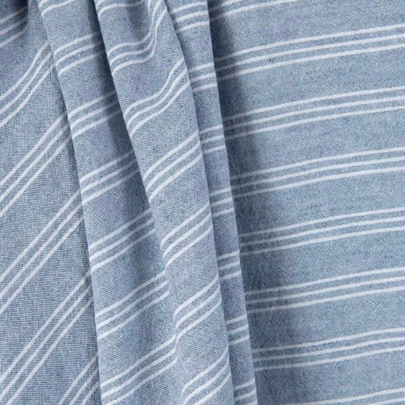 Wide washed linen cotton fabric blue with white stripes, natural fibre