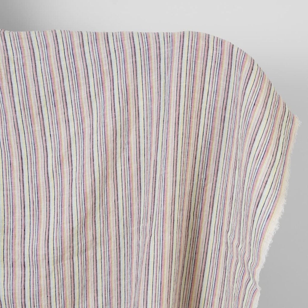 Linen hemp fabric multicolour with dark blue stripes washed