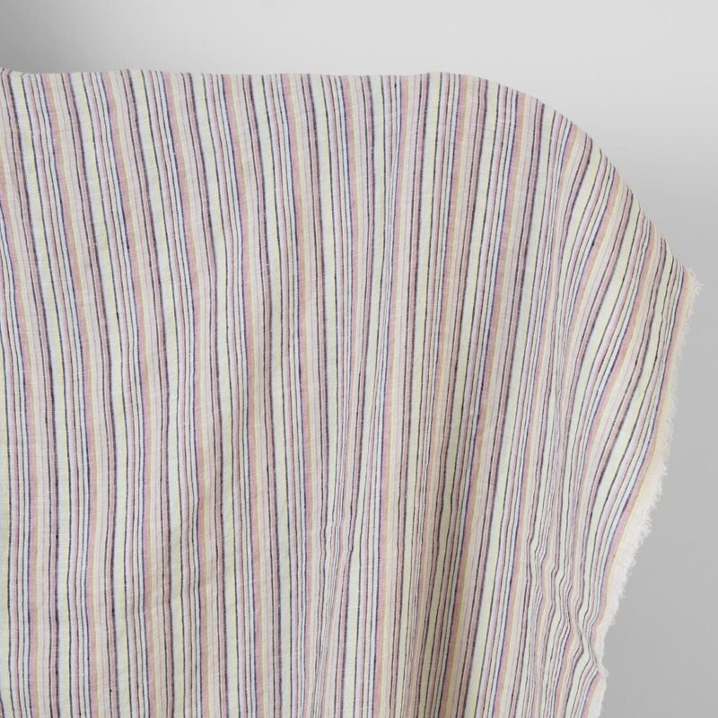 Linen hemp fabric multicolour with dark blue stripes washed