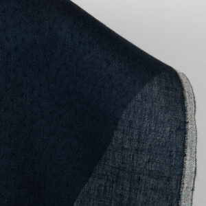 Tkanina lniano-wełniana czarna z granatowymi kropkami