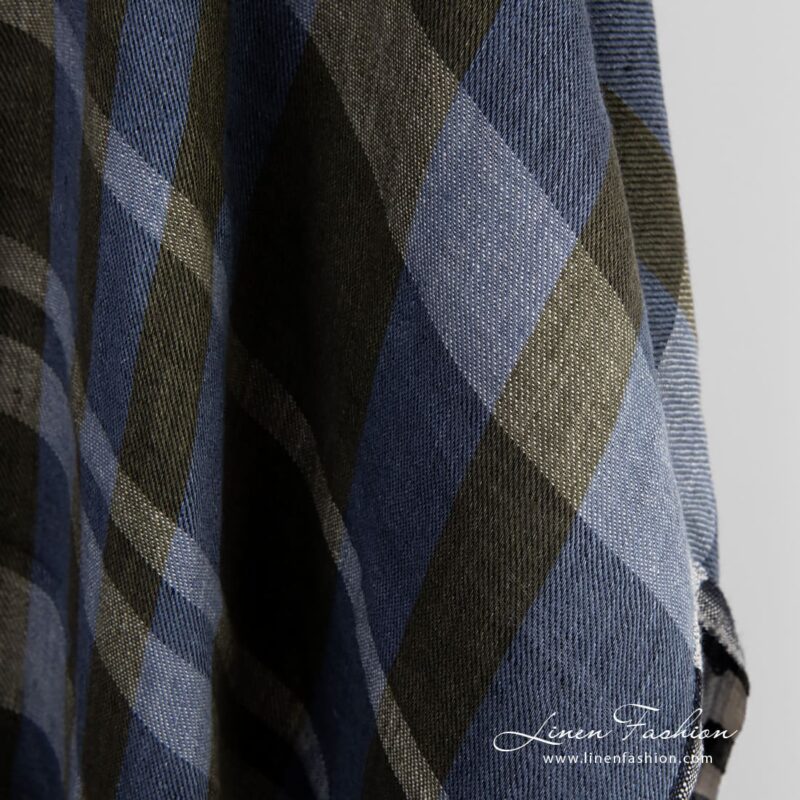 Linen fabric in blue and green checks, for clothes, scarves, home textile