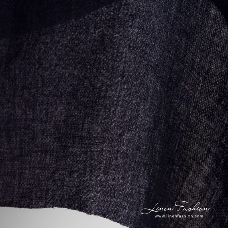Dark blue linen fabric in dobby pattern, specially washed