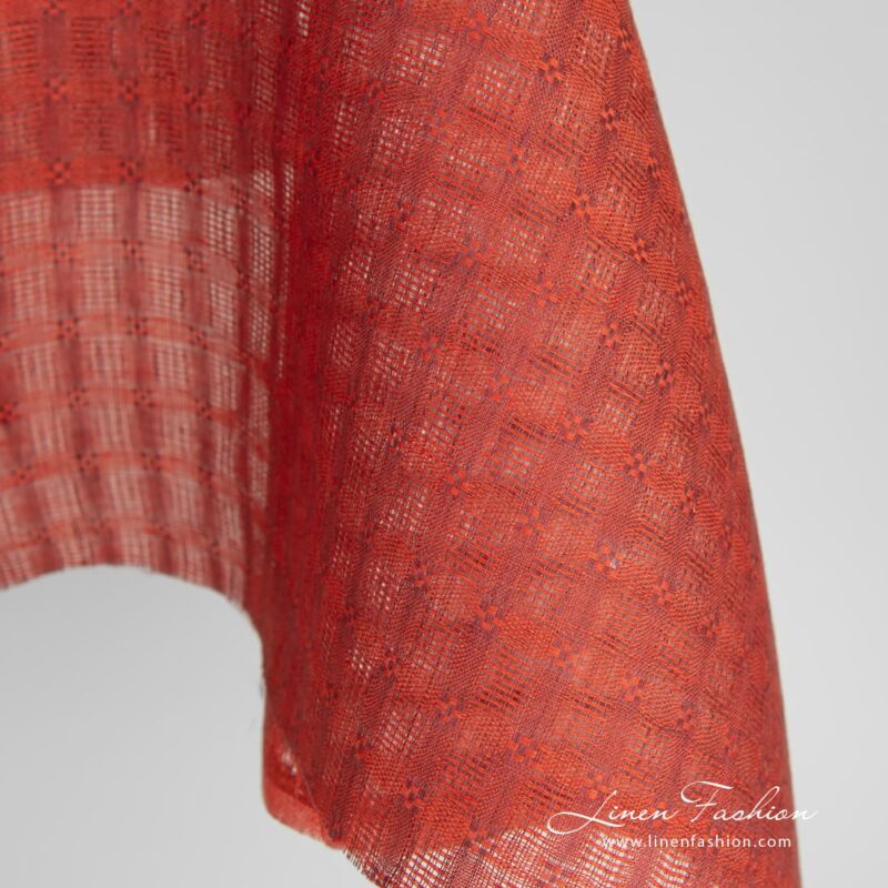 Red linen fabric in openweave checks