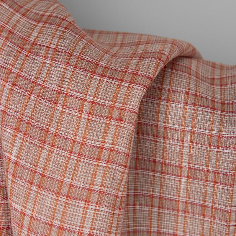 Linen fabric in orange red multicolour checks, 150cm