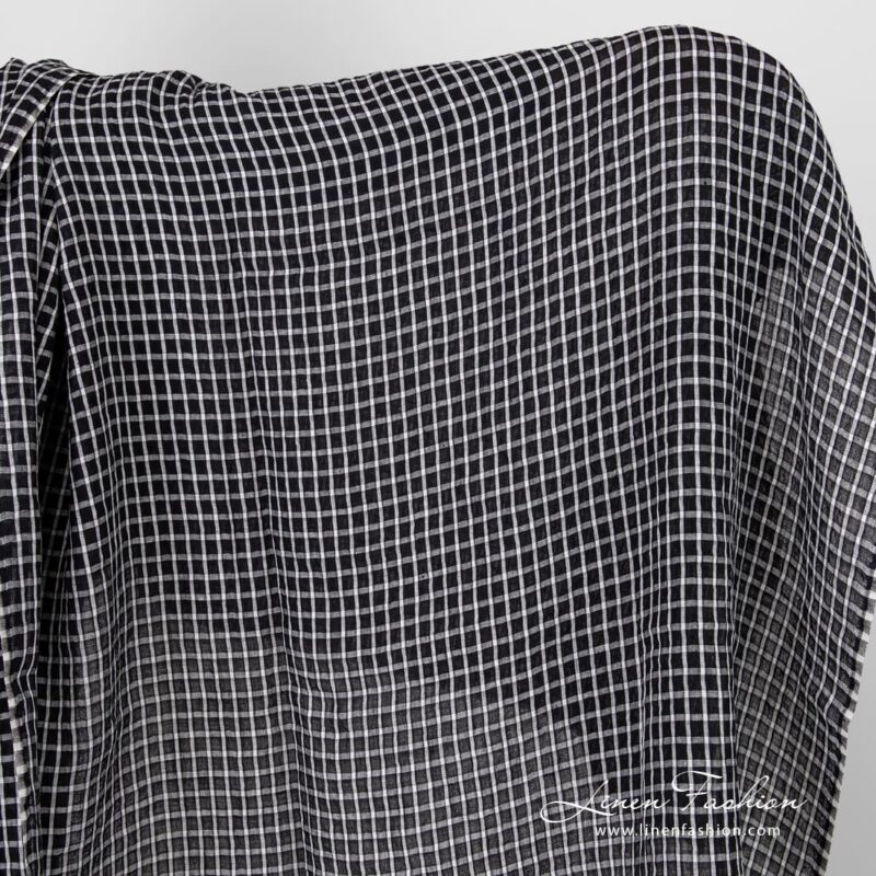 Black linen fabric in white checks