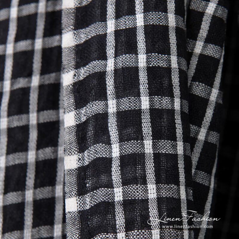 Black linen fabric in white checks, made in europe