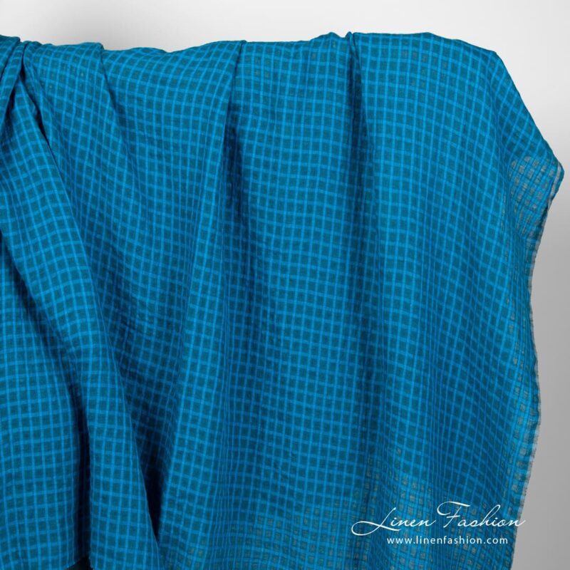 Linen fabric in turquoise and blue checks