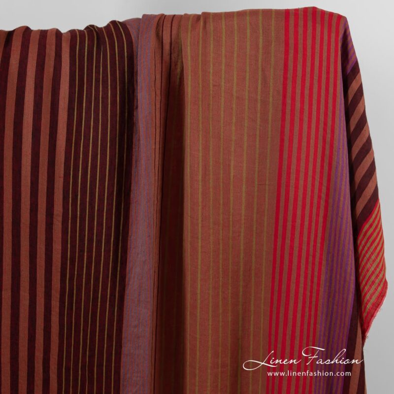 Linen fabric in red stripes, washed
