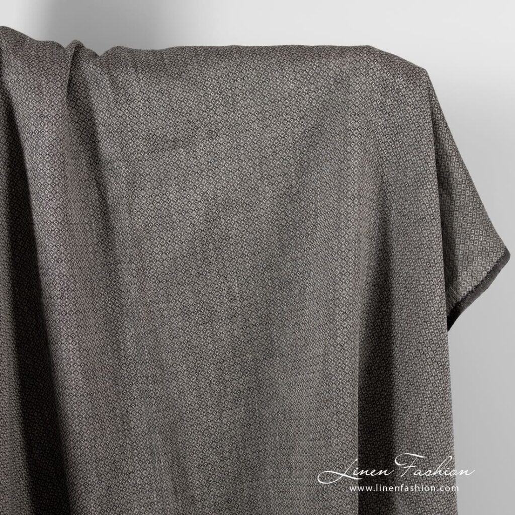 Szary w czarne romby len 1 Grey linen fabric in black rhombus pattern