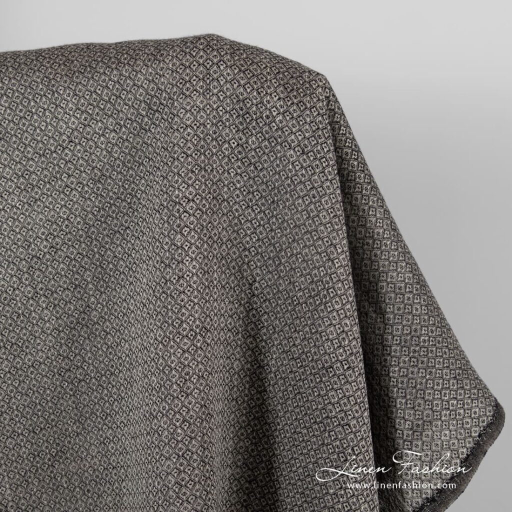 Szary w czarne romby len 2 Grey linen fabric in black rhombus