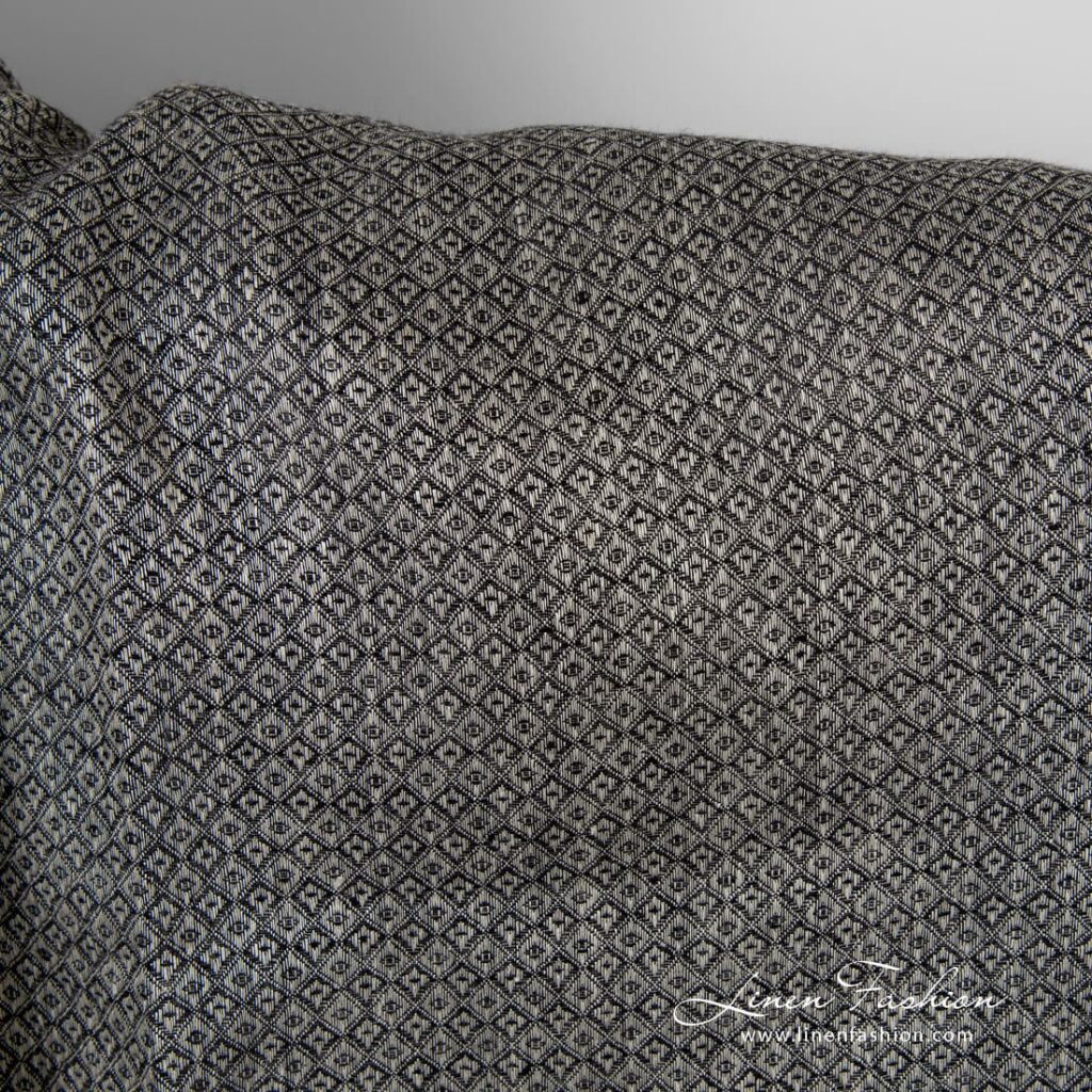 Szary w czarne romby len 3 Grey linen fabric