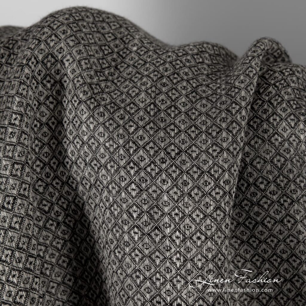 Szary w czarne romby len 5 Grey linen fabric in black rhombus, perfect for clothes and home textile
