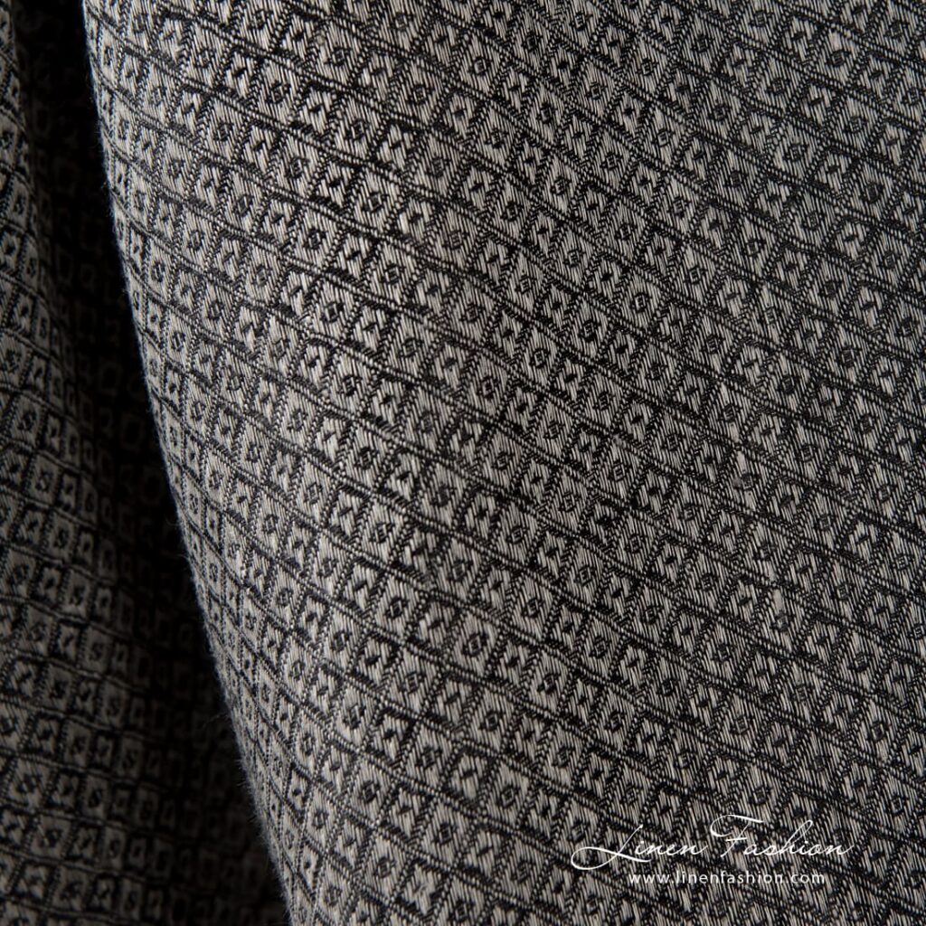 Szary w czarne romby len 4 100% linen fabric in grey and black colors