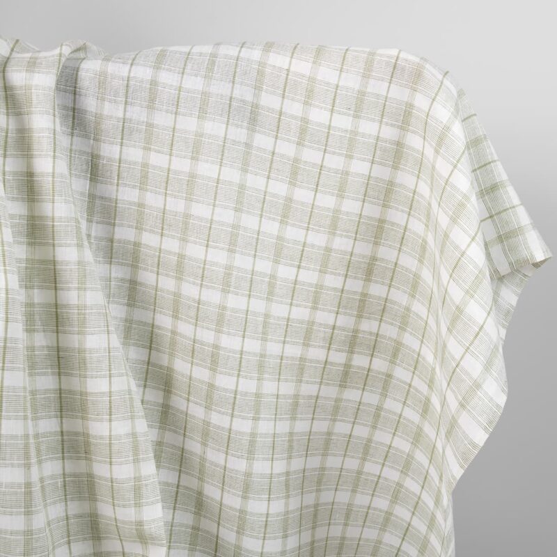 Linen fabric off-white with light olive green checks