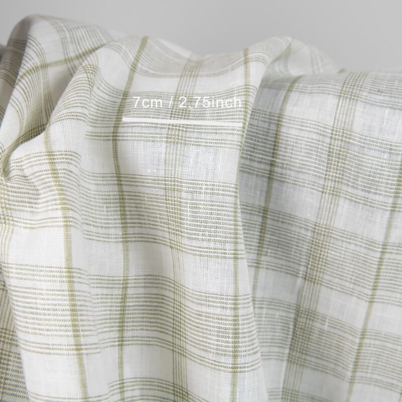 Linen fabric off-white with light olive green checks with measurements