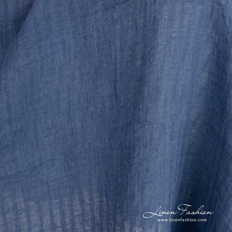Blue linen fabric with openweave stripes