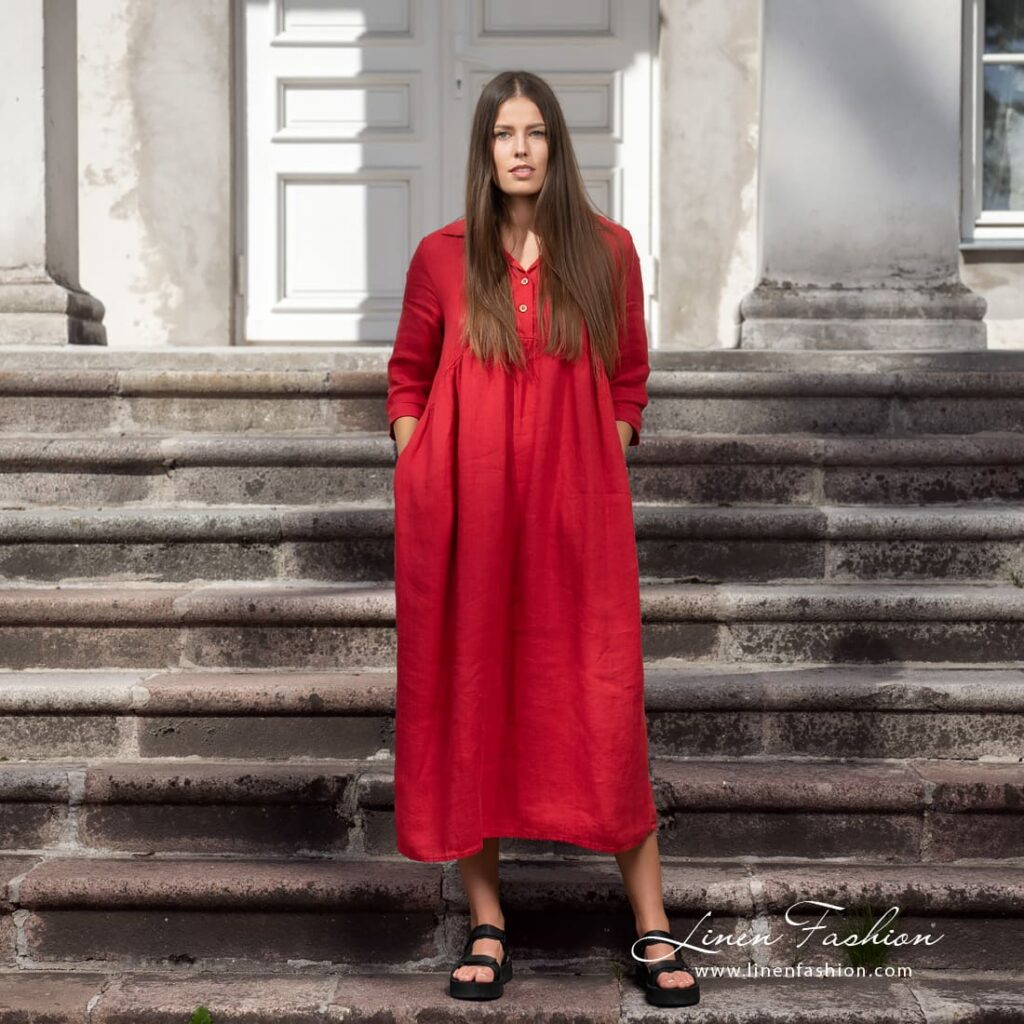 Long red linen dress, specially washed