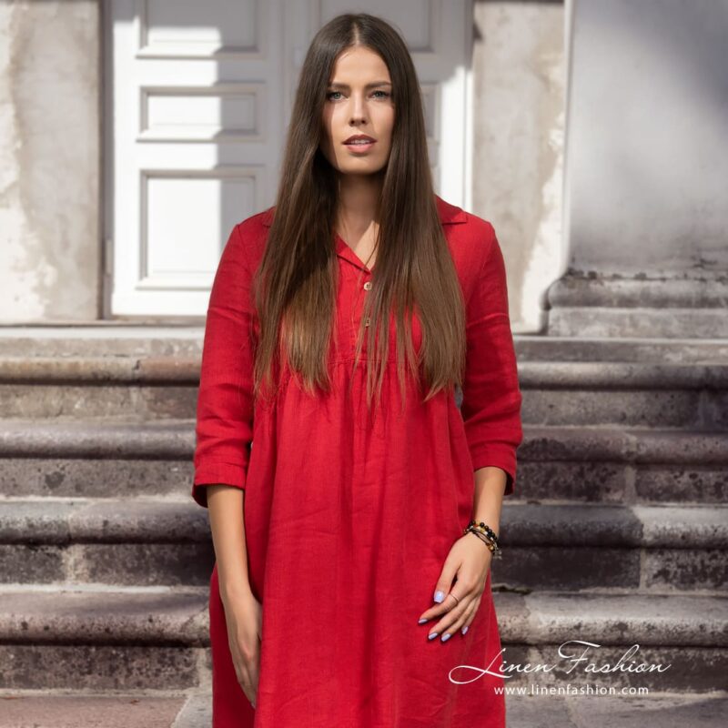Red linen dress with 3/4 sleeves