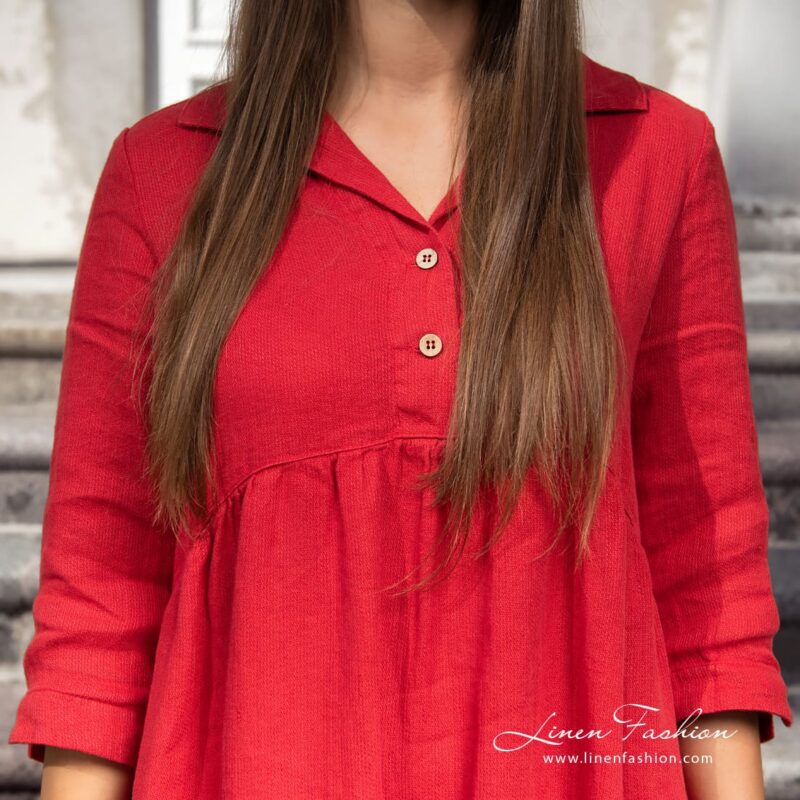 Red linen dress with buttoned front