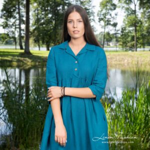 Dark turquoise linen dress with 3/4 sleeves