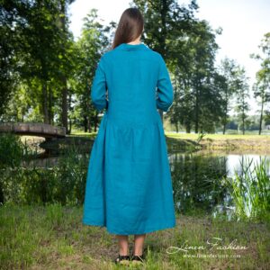 Dark turquoise linen dress from the backside